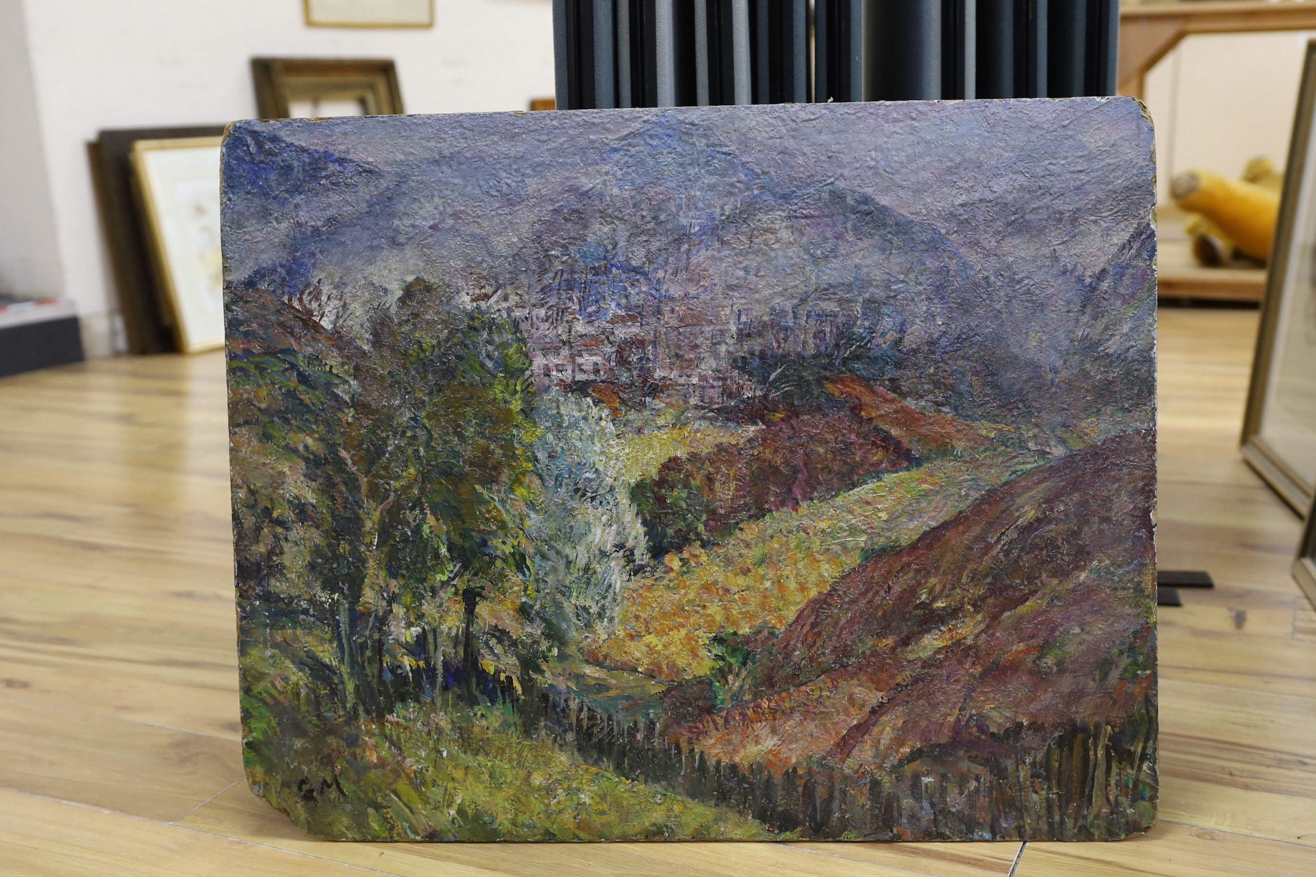 Gerald Moira (1867-1959), oil on board, 'Welsh Valley', signed with RI Exhibition label verso, 61 x 77cm, unframed